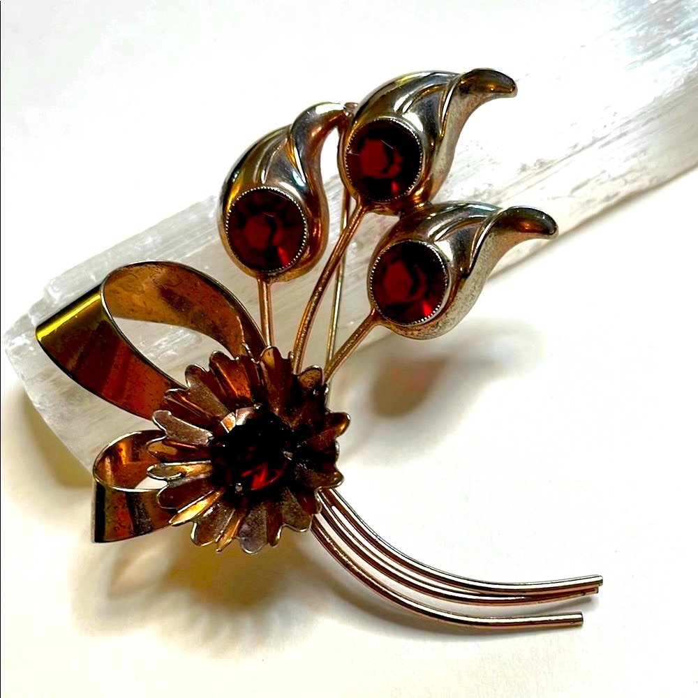 Vintage Coro 1940's Floral Bouquet Ribbon Red Stones Stamped Sterling Brooch Pin
